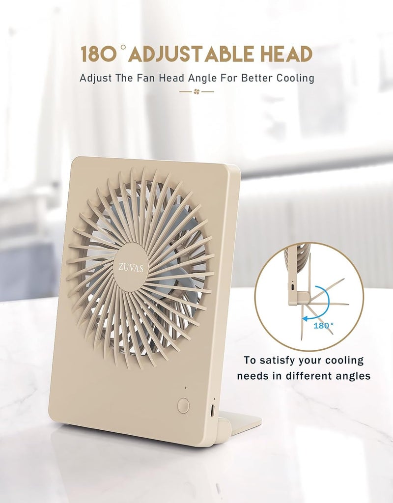 Zuvas Desk Fan Battery Operated Fan Rechargeable 180°Tilt Folding Personal Fan Ultra Quiet Small Portable 3 Speed Adjustable Strong Wind Fan For Office Bedroom Home Desktop Camping (Beige) - Image 5